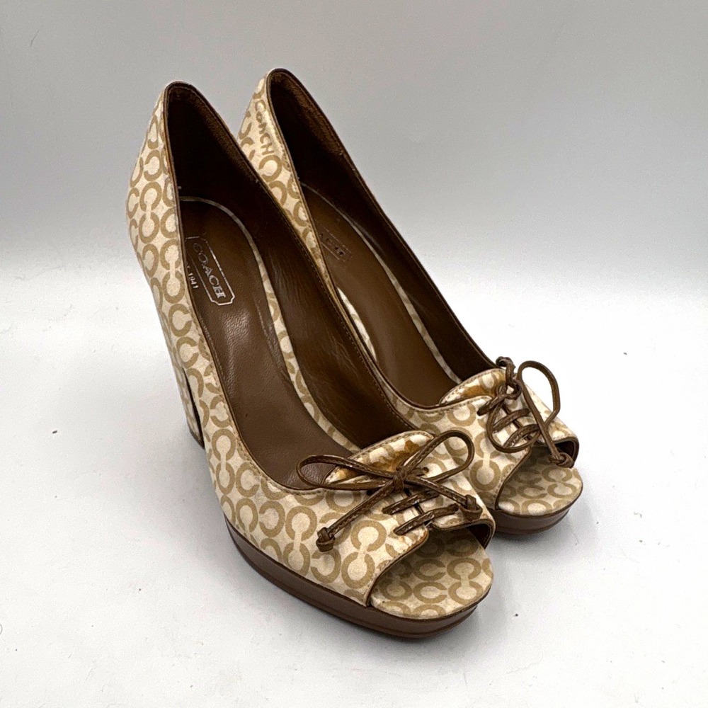 Coach Beige Brown Jacquard Signature Logo Open Toe Bow Block Heel Women's US 8.5
